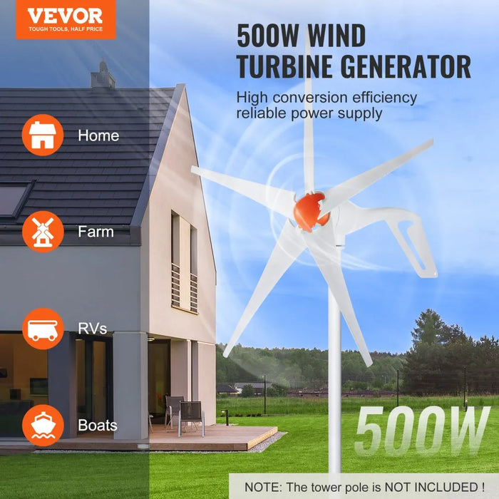Aerogenerador VEVOR de 500 W, kit de 12 V, generador de energía eólica de 5 palas