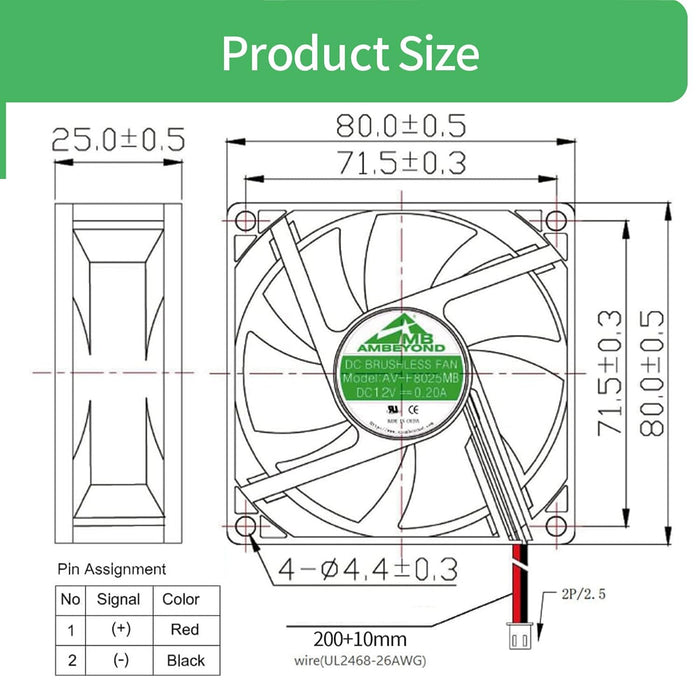 Ventilador de refrigeración sin escobillas con doble rodamiento de bolas de 80 mm x 80 mm x 25 mm - Quierox - Tienda Online