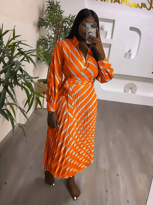 Vestido Camisa Elegante a Rayas con Pliegues y Cinturón para Mujer - Cuello en V - Quierox - Tienda Online