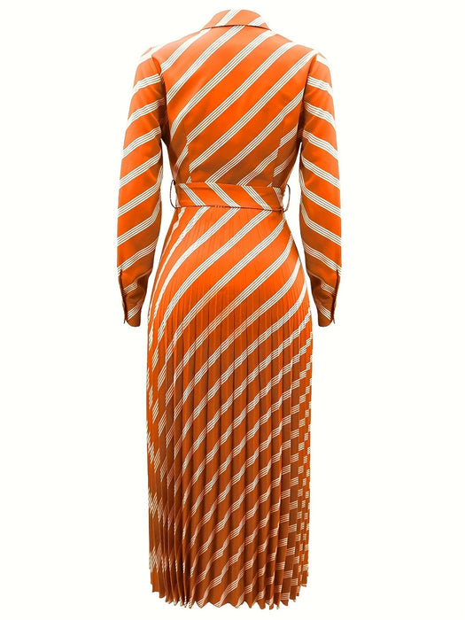 Vestido Camisa Elegante a Rayas con Pliegues y Cinturón para Mujer - Cuello en V - Quierox - Tienda Online