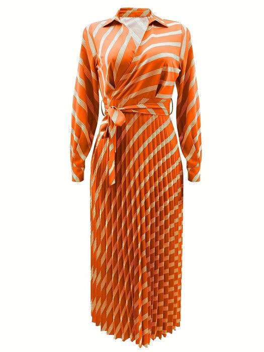 Vestido Camisa Elegante a Rayas con Pliegues y Cinturón para Mujer - Cuello en V - Quierox - Tienda Online