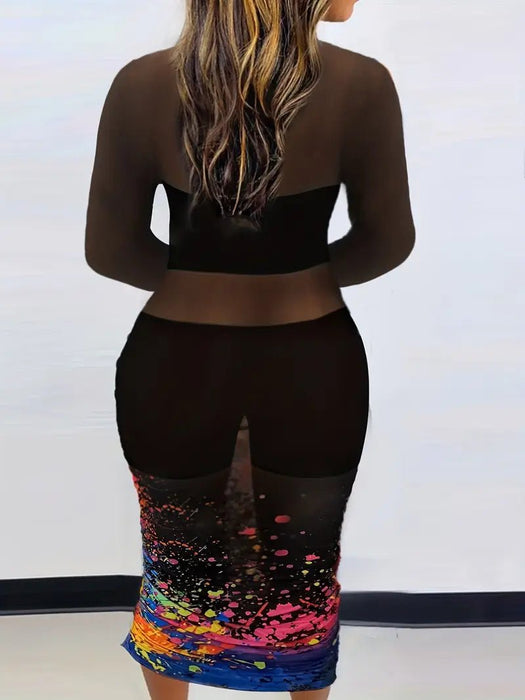 Vestido Casual, Ajustado, Manga Larga De Malla Con Estampado De Salpicaduras Para Mujer - Quierox - Tienda Online