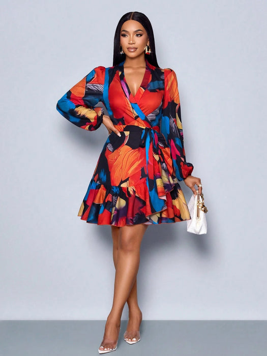 Vestido cruzado con manga farol, volante lateral y estampado floral elegante para mujer - Quierox - Tienda Online