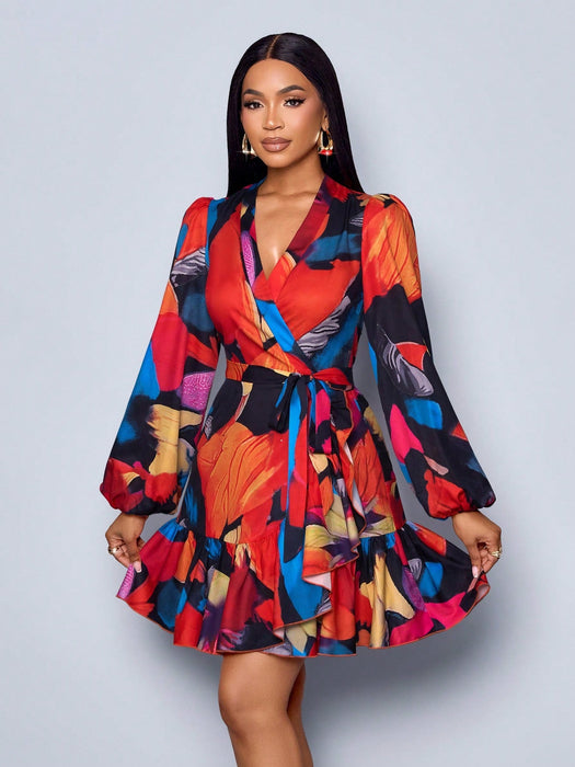 Vestido cruzado con manga farol, volante lateral y estampado floral elegante para mujer - Quierox - Tienda Online