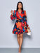 Vestido cruzado con manga farol, volante lateral y estampado floral elegante para mujer - Quierox - Tienda Online