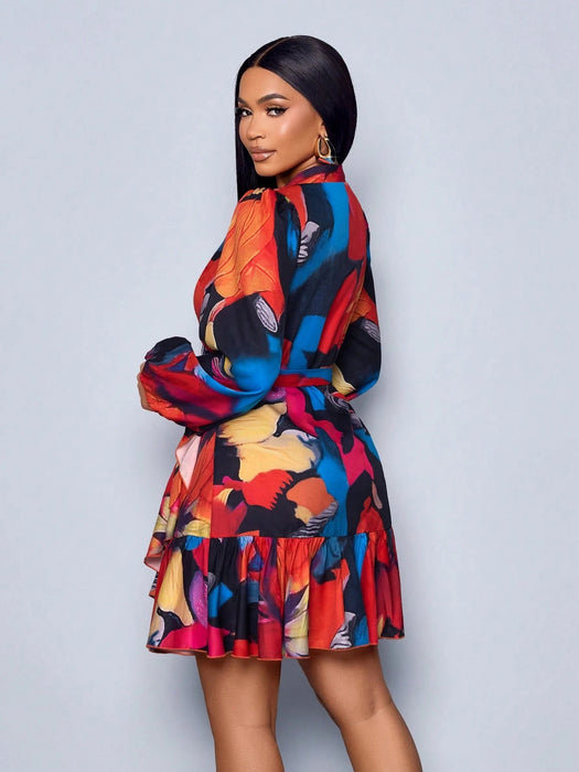Vestido cruzado con manga farol, volante lateral y estampado floral elegante para mujer - Quierox - Tienda Online