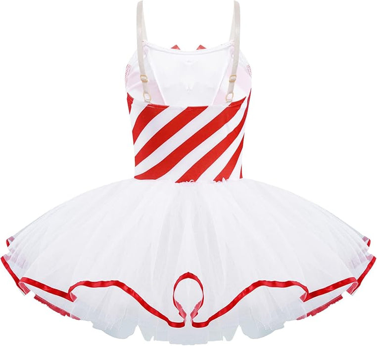 Vestido de ballet con tutú a rayas de bastón de caramelo para niñas, con lentejuelas y lazo - Quierox - Tienda Online