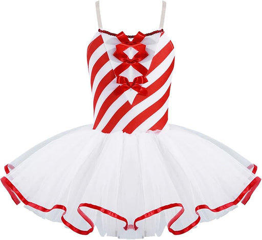 Vestido de ballet con tutú a rayas de bastón de caramelo para niñas, con lentejuelas y lazo - Quierox - Tienda Online