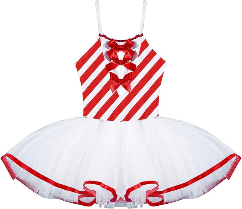 Vestido de ballet con tutú a rayas de bastón de caramelo para niñas, con lentejuelas y lazo - Quierox - Tienda Online
