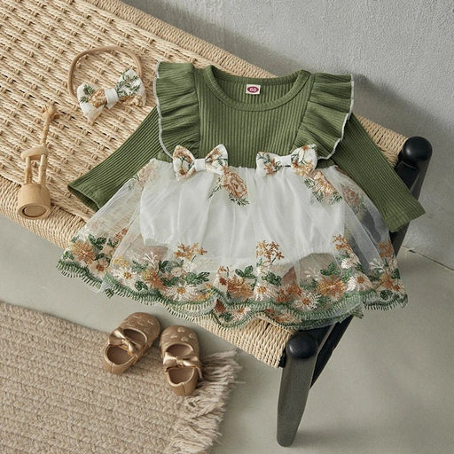Vestido de bebé niña con bordado floral, punto acanalado y volantes - Quierox - Tienda Online