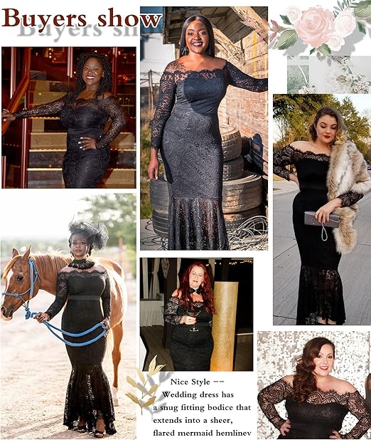 Vestido de estilo sirena con hombros descubiertos y manga larga con encaje floral para muje - Quierox - Tienda Online