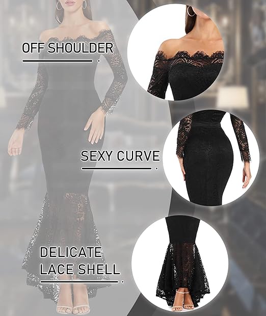 Vestido de estilo sirena con hombros descubiertos y manga larga con encaje floral para muje - Quierox - Tienda Online