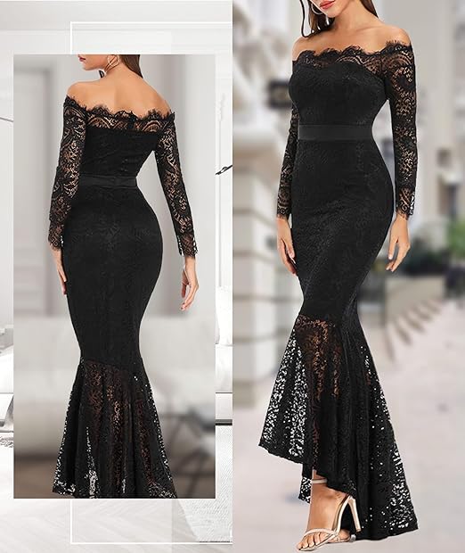 Vestido de estilo sirena con hombros descubiertos y manga larga con encaje floral para muje - Quierox - Tienda Online