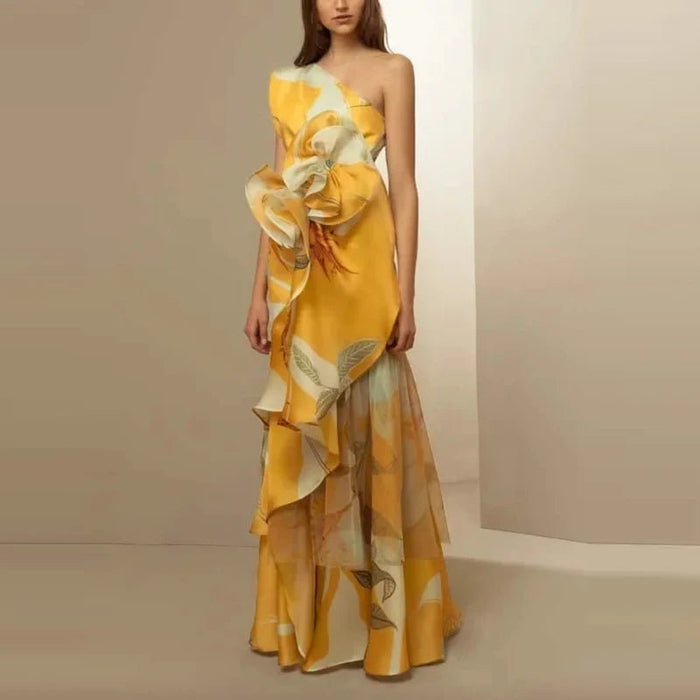 Vestido de fiesta con estampado floral, elegante vestido largo de mujer con cuello diagona - Quierox - Tienda Online