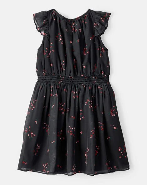 Vestido de fiesta de manga corta con estampado floral para niña - Negro - Quierox - Tienda Online