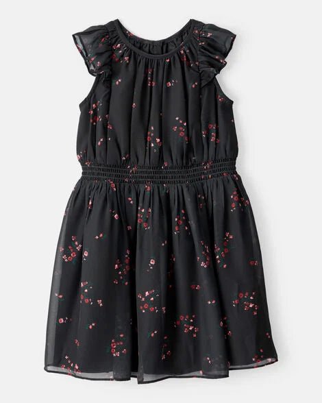 Vestido de fiesta de manga corta con estampado floral para niña - Negro - Quierox - Tienda Online