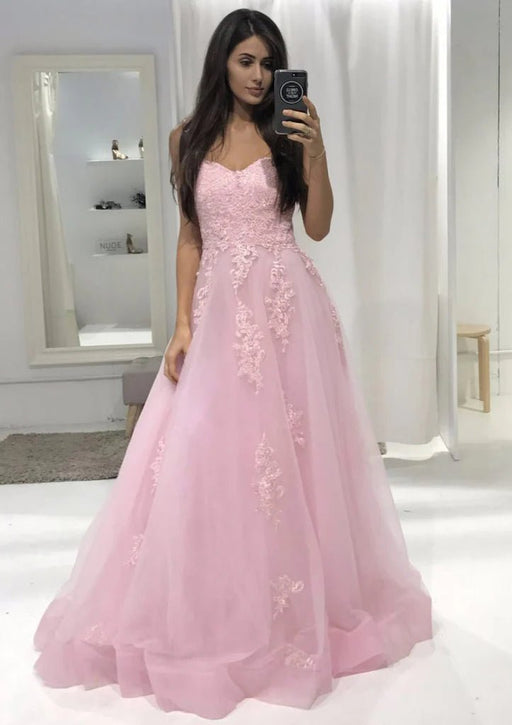 Vestido de fiesta de tul rosa, estilo princesa, con tirantes finos y encaje, largo hasta el suelo - Quierox - Tienda Online