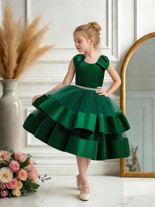 Vestido de fiesta elegante sin mangas de tul y satén con lazo en la espalda para niñas - Quierox - Tienda Online