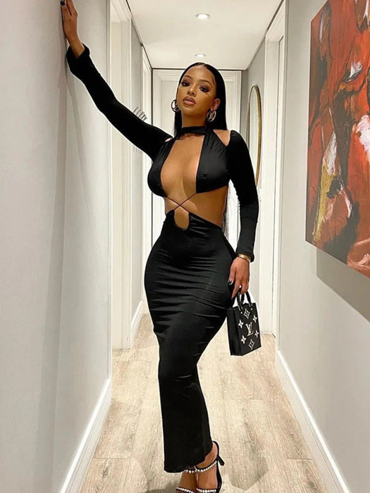 Vestido de fiesta sin espalda, ajustado, hasta el tobillo, con cuello redondo para mujer - Quierox - Tienda Online