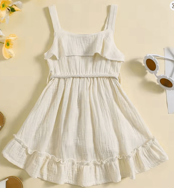 Vestido de verano para niña, vestido informal sin mangas con cuello cuadrado y cinturón - Quierox - Tienda Online