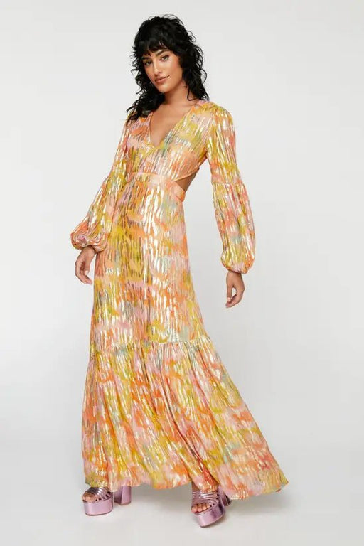 Vestido largo con espalda descubierta y estampado floral difuminado metalizado - Quierox - Tienda Online