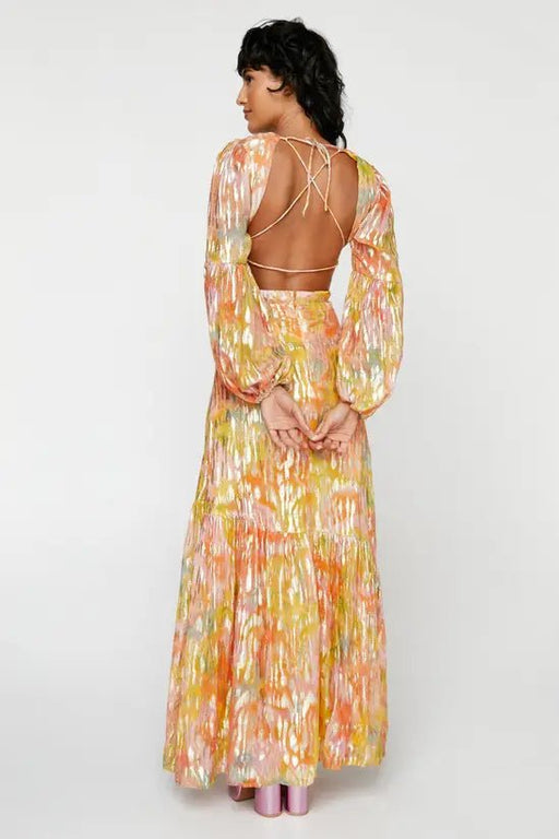 Vestido largo con espalda descubierta y estampado floral difuminado metalizado - Quierox - Tienda Online