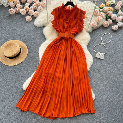 Vestido largo de gasa plisada para mujer, estilo vintage, con volantes - Quierox - Tienda Online