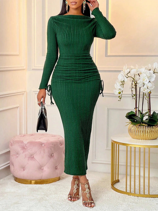 Vestido largo elegante de oficina, con cuello asimétrico, manga larga, volantes y lazo - Quierox - Tienda Online