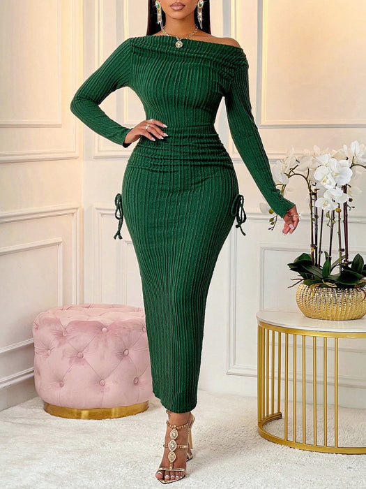 Vestido largo elegante de oficina, con cuello asimétrico, manga larga, volantes y lazo - Quierox - Tienda Online