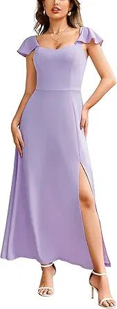 Vestido largo formal para mujer, con escote en V, mangas con volantes y abertura lateral para invitadas de boda - Quierox - Tienda Online