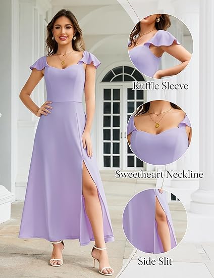 Vestido largo formal para mujer, con escote en V, mangas con volantes y abertura lateral para invitadas de boda - Quierox - Tienda Online