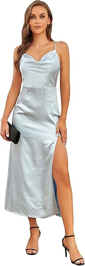 Vestido largo sexy de satén con abertura lateral - Quierox - Tienda Online