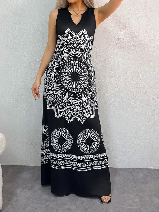 Vestido Maxi Mandala Floral Impecable - Cuello Escotado Elegante, Sin Mangas y Estilo Atemporal para Mujer - Quierox - Tienda Online
