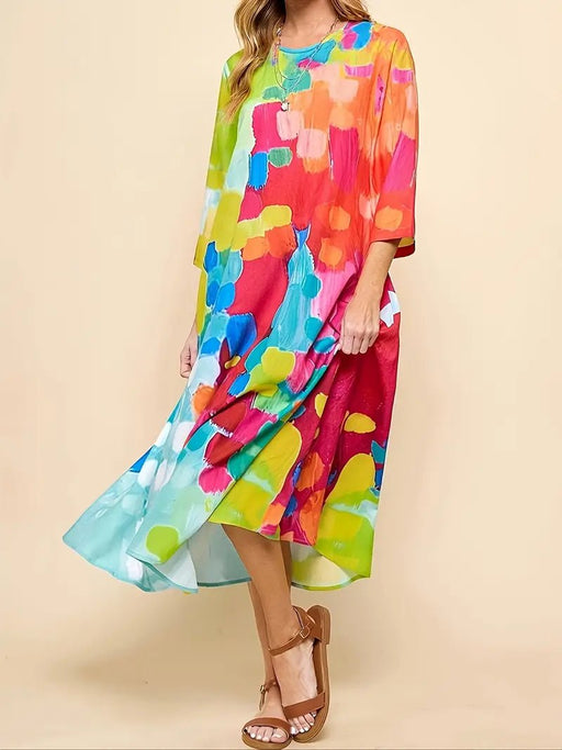 Vestido midi abstracto vibrante para mujer - Corte holgado, manga de tres cuartos, colorido - Quierox - Tienda Online