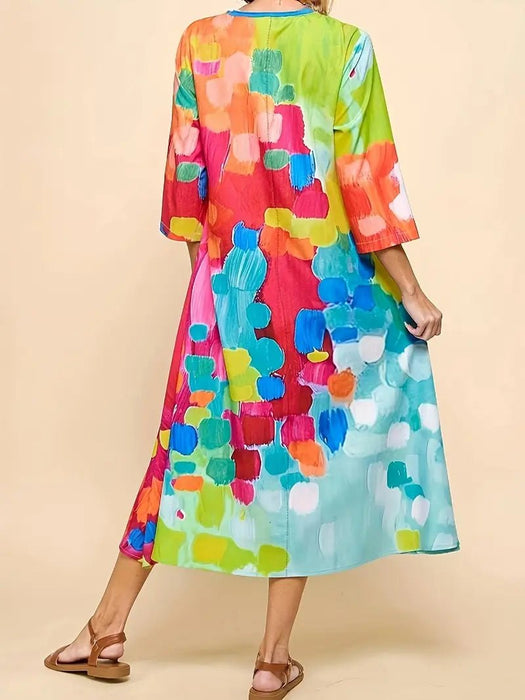 Vestido midi abstracto vibrante para mujer - Corte holgado, manga de tres cuartos, colorido - Quierox - Tienda Online