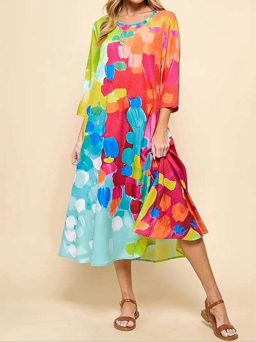 Vestido midi abstracto vibrante para mujer - Corte holgado, manga de tres cuartos, colorido - Quierox - Tienda Online