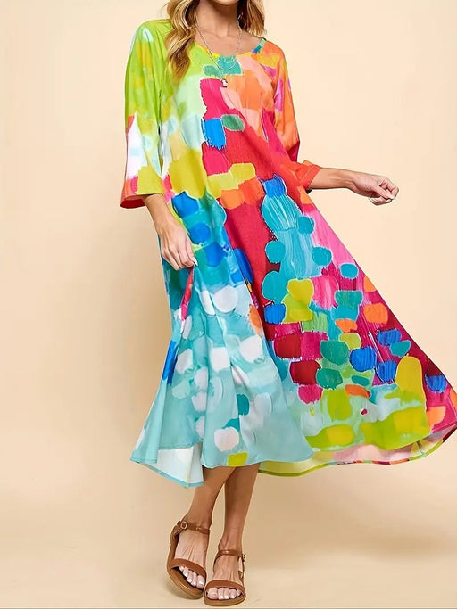 Vestido midi abstracto vibrante para mujer - Corte holgado, manga de tres cuartos, colorido - Quierox - Tienda Online