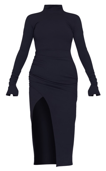 Vestido midi de cuello alto y mangas abiertas de crepé negro - Quierox - Tienda Online