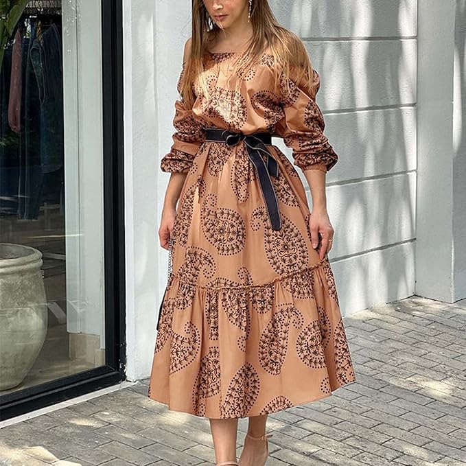 Vestido Midi De Manga Larga Con Estampado De Hombros Descubiertos - Quierox - Tienda Online
