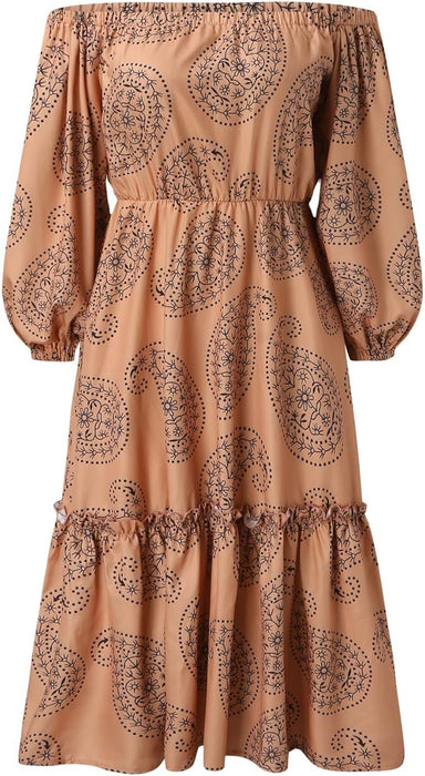 Vestido Midi De Manga Larga Con Estampado De Hombros Descubiertos - Quierox - Tienda Online