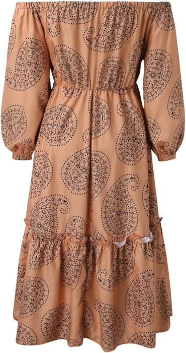 Vestido Midi De Manga Larga Con Estampado De Hombros Descubiertos - Quierox - Tienda Online
