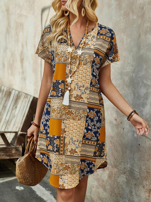 Vestido midi de mujer de verano con escote en V entallado, manga corta y parches - Quierox - Tienda Online
