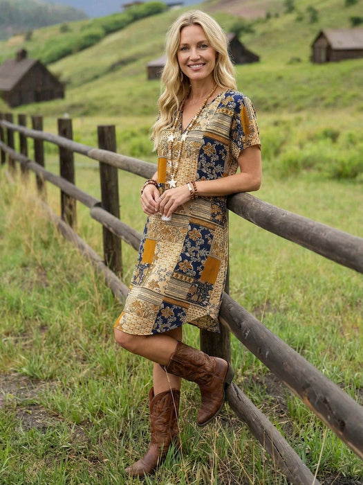 Vestido midi de mujer de verano con escote en V entallado, manga corta y parches - Quierox - Tienda Online