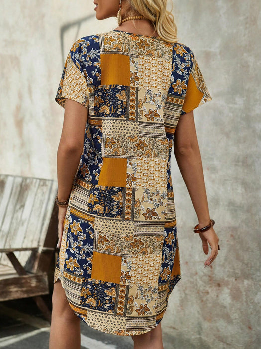 Vestido midi de mujer de verano con escote en V entallado, manga corta y parches - Quierox - Tienda Online