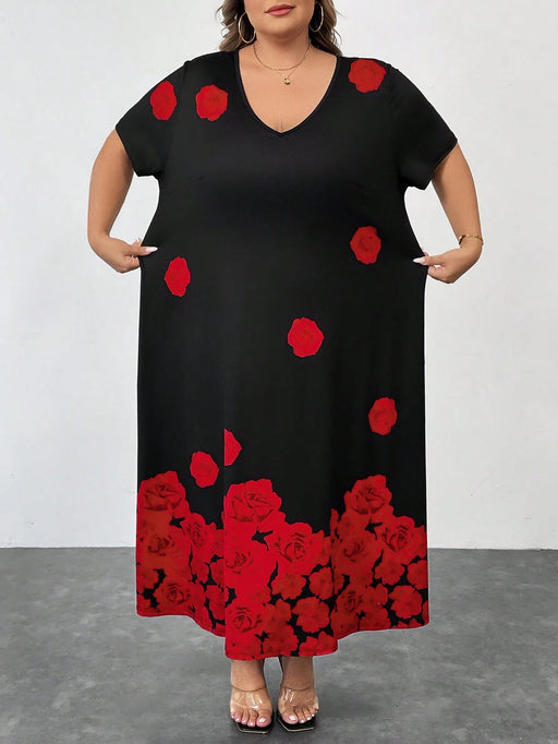Vestido negro de manga corta con estampado floral de rosa para mujer - Quierox - Tienda Online