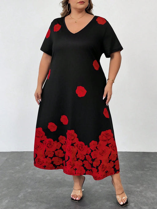 Vestido negro de manga corta con estampado floral de rosa para mujer - Quierox - Tienda Online