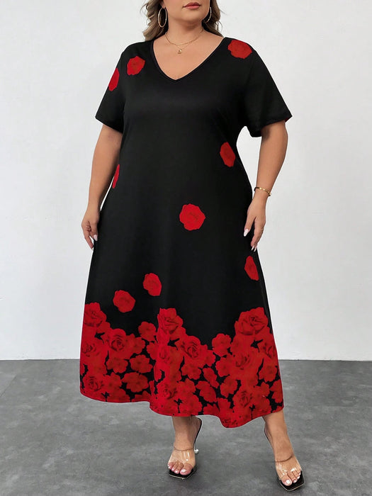 Vestido negro de manga corta con estampado floral de rosa para mujer - Quierox - Tienda Online