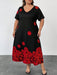 Vestido negro de manga corta con estampado floral de rosa para mujer - Quierox - Tienda Online