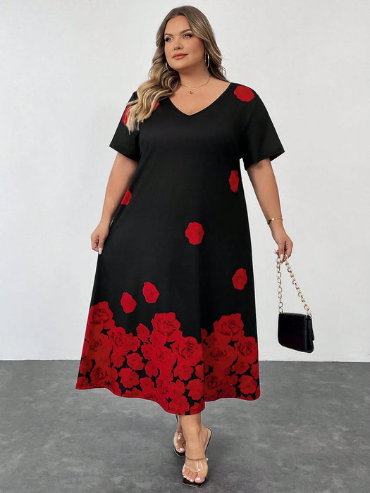 Vestido negro de manga corta con estampado floral de rosa para mujer - Quierox - Tienda Online