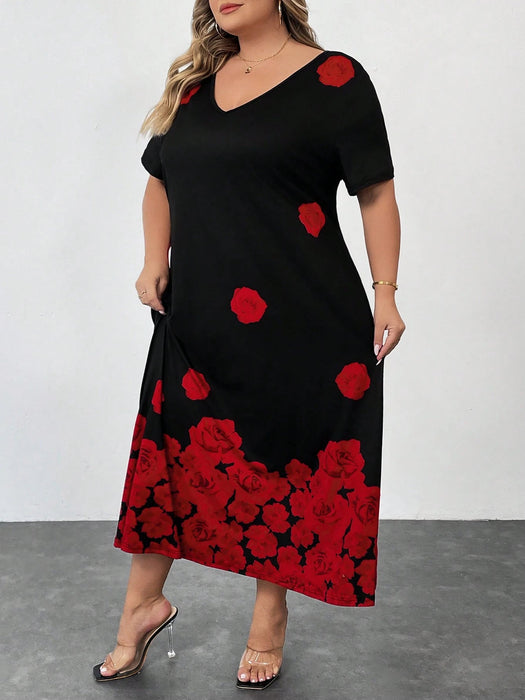 Vestido negro de manga corta con estampado floral de rosa para mujer - Quierox - Tienda Online